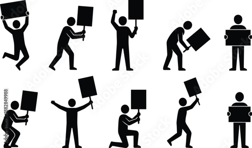 Protest people silhouette set holding blank placards and signs, activist demonstration crowd poses, black political rally pictograms isolated on white background.