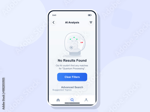 User interacts with a mobile application that shows a message stating no results found for quantum processing. The app interface has options for filters and search.