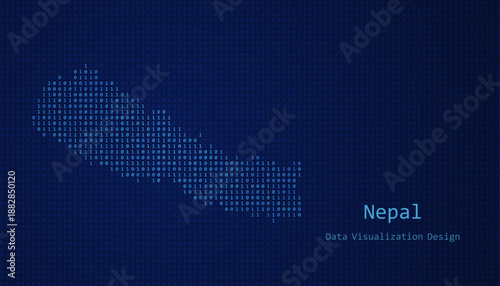Nepal map made of binary code on tech blue background