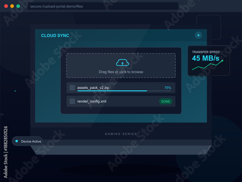 A cloud sync window displays the progress of a file transfer on a computer screen. The transfer speed shows 45 MB/s as the file reaches 75 percent completion.