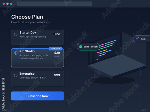 The screen shows options for a programming plan. Users can select starter, pro, or enterprise plans. Pro plan includes advanced tools for coding with a monthly fee.