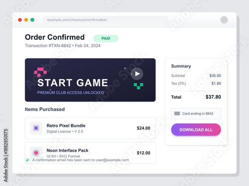 A user receives a confirmation for an order made on February 24, 2024. The items include a Retro Pixel Bundle and a New Interface Pack with total charges displayed.