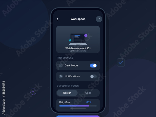 A mobile screen shows a workspace interface for a web development course. Dark mode is activated. The daily goal is set at eighty percent with options for design and coding.