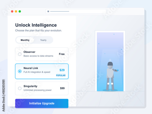 Website displays choices for upgrading an AI service. Users can select between Observer, Neural Link, and Singularity plans based on their needs and budgets.