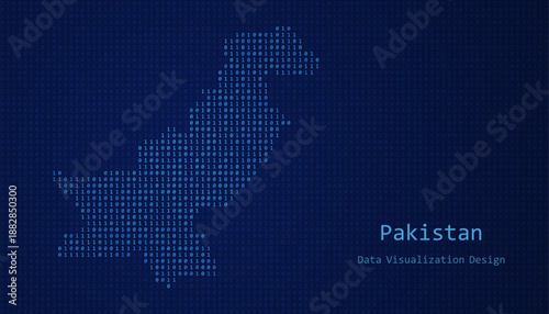 Pakistan map made of binary code on tech blue background