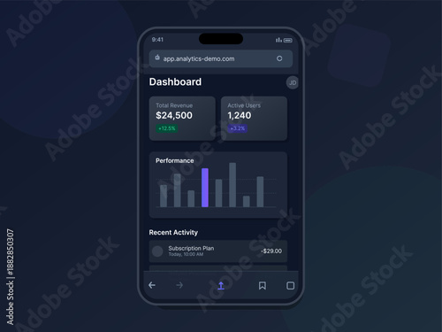 A mobile device displays a dashboard with data regarding total revenue and active users. The layout includes graphs and recent activity. The design is simple and dark.