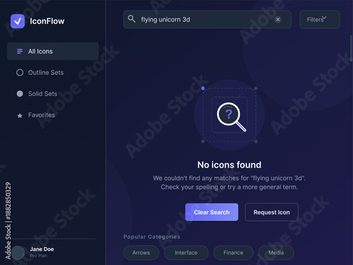 A user is searching for flying unicorn 3d icons on IconFlow. The results show no matches found. The interface displays search and navigation tools to refine queries.