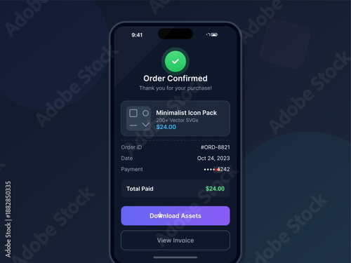 A mobile device screen shows confirmation of an order for a minimalist icon pack. The payment amount is displayed along with an order ID and options to download assets or view an invoice.