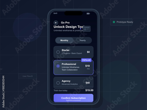 A mobile screen shows different subscription plans for a design tool app. Options include starter, professional, and agency plans with prices and features listed.