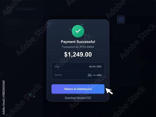 A transaction notice appears on a digital screen after a successful payment. It shows the amount of $1,249.00 and includes a transaction ID and date.