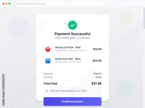 A payment confirmation shows a successful order for a glossy UI pack and a game icon set. It displays the subtotal, tax, and total payment details along with a download option.
