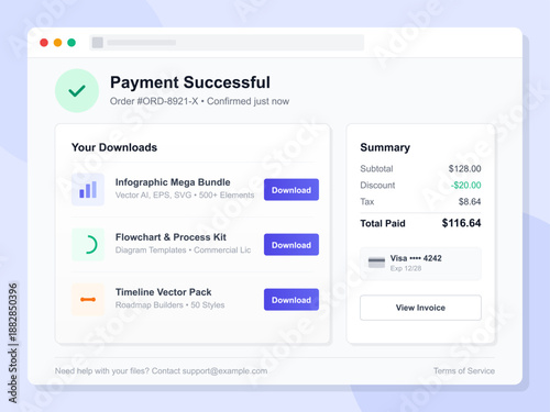 A digital screen shows a payment confirmation for an order of an infographic bundle, flowchart kit, and timeline vector pack. Download options are visible.