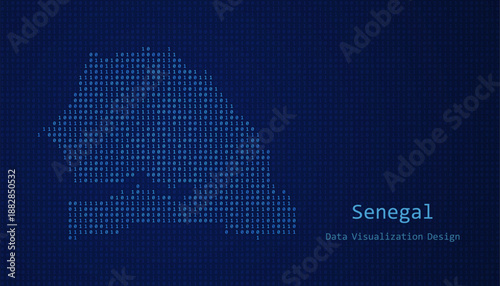 Senegal map made of binary code on tech blue background