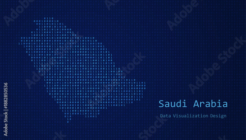Saudi Arabia map made of binary code on tech blue background