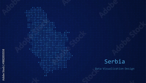 Serbia map made of binary code on tech blue background