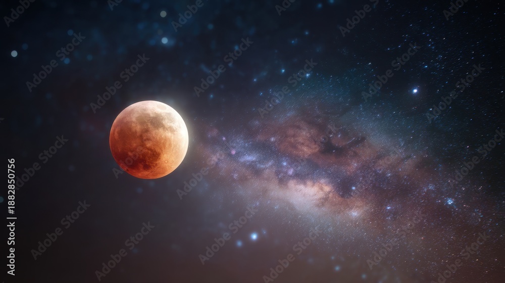 Obraz premium Red blood moon in outer space with bright stars and milky way galaxy. Celestial event or lunar eclipse concept for astronomy.