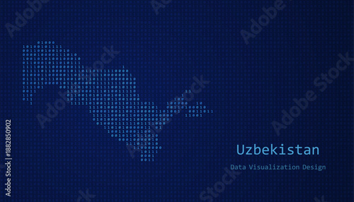 Uzbekistan map made of binary code on tech blue background