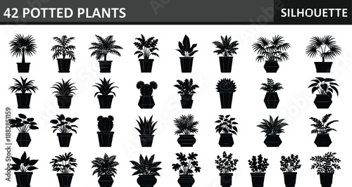 Potted plant silhouettes collection, indoor houseplants and decorative foliage set, modern black botanical vector icons for interior design, home decor, and gardening projects