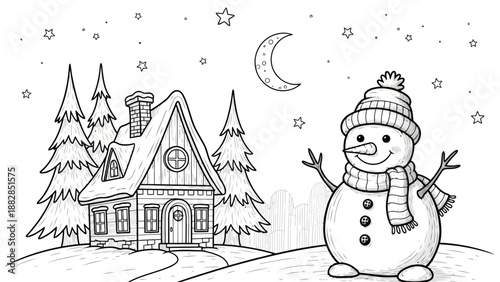 a charming black and white illustration depicts a snow covered village with a snowman and a cozy winter