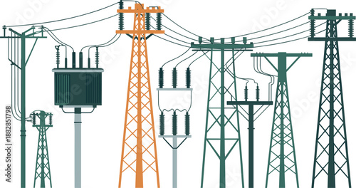 Electric power transmission and distribution infrastructure with transformers utility poles pylons overhead lines technical vector illustration