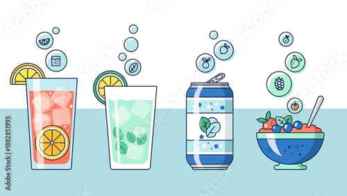 Fresh Beverages And Nutritious Dishes: A Colorful Minimalist Illustration