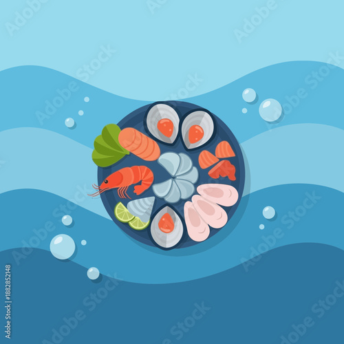Exquisite Seafood Platter Artistically Displayed on a Blue Wave Background for Culinary Delights