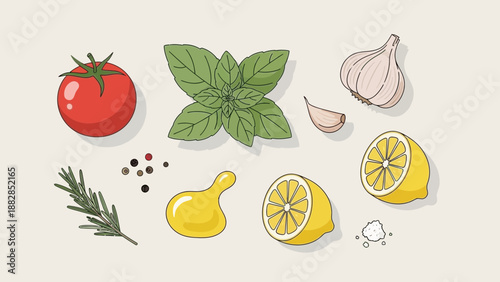 Fresh Culinary Ingredients Illustration: Tomato, Basil, Garlic, Lemon, and Rosemary