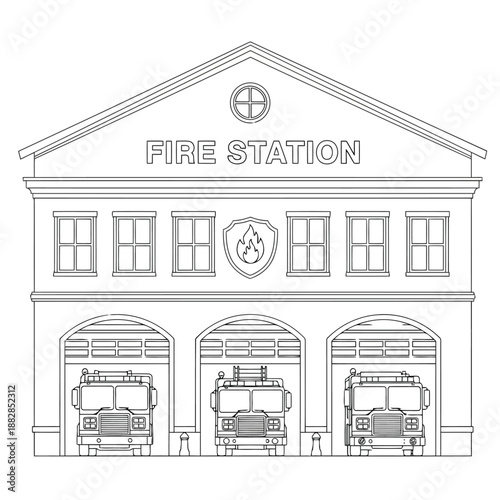 a detailed black and white drawing showcases a classic fire station building with visible trucks and architectural elements