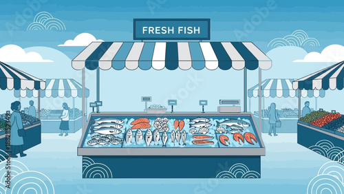 Fresh Fish Market Stall Illustrative Scene Depicting Aquatic Seafood Products for Sale