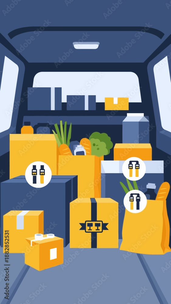 Naklejka premium Fresh Groceries and Essentials Order Delivery Inside a Vehicle with Modern Packaging Designs
