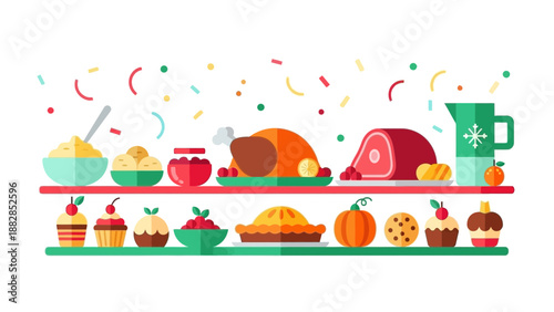 Festive Feast Display: A Colorful Array Of Delicious Food And Treats, Vector Illustration