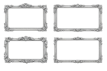Four ornate silver vintage frames with baroque scrollwork and decorative antique borders, transparent background
