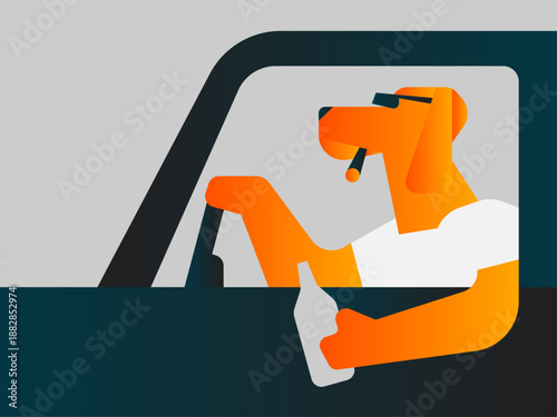 Anthropomorphic orange dog driving, smoking and drinking with sunglasses.