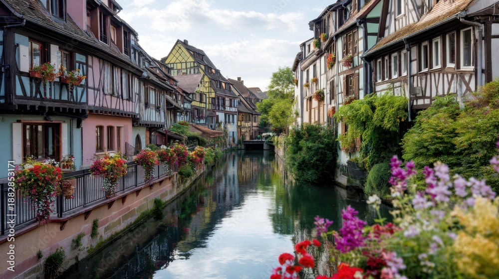 Obraz premium Colorful buildings and flourishing flowers alongside a canal in a charming european town. Picturesque travel destination for wanderlust.