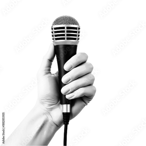 Human hand holding a microphone. Minimal monochrome halftone illustration symbolizing speech, voice, interview, podcast, performance, media, communication, and public speaking on white background.