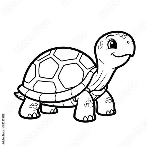 a simple black and white cartoon illustration depicting a cute little turtle with a smiling face and patterned