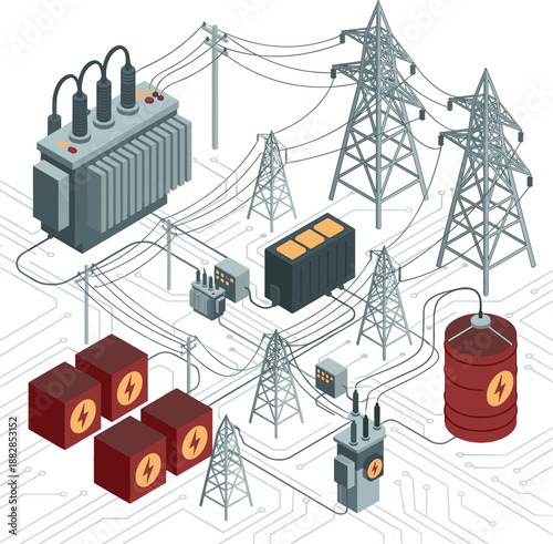 Electrical power distribution grid illustration featuring transformers transmission towers substations battery storage cables smart energy infrastructure technology
