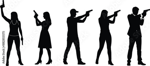 Set of armed agent silhouettes holding pistols, tactical gun poses for security, police, military, bodyguard, action movie concept, isolated black figures on white background