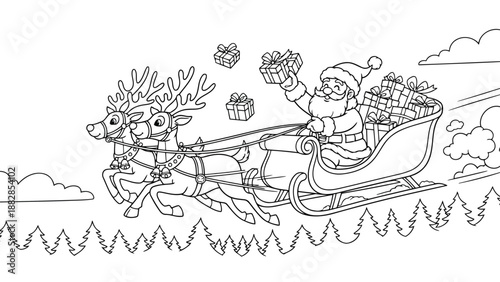 a detailed black and white drawing depicts santa claus riding a sleigh pulled by reindeer with gifts and