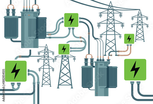 Electrical power grid diagram illustration showing transformers transmission towers cables energy distribution network smart grid infrastructure concept design
