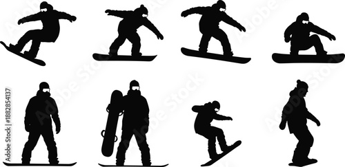 Snowboarder silhouette set in black, winter sport rider jumping and posing collection isolated on white background for snowboarding, freestyle, adventure design.