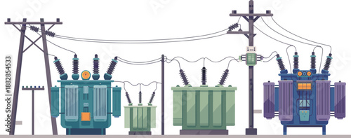 Electrical substation with multiple transformers and utility poles illustrating power distribution network overhead lines industrial energy infrastructure system