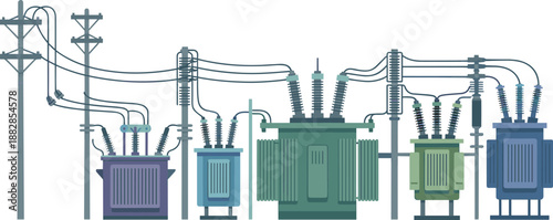 Electrical substation with multiple transformers and utility poles illustrating power distribution network overhead lines industrial energy infrastructure system