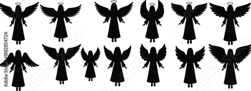 Angel silhouettes set with wings and halos, spiritual guardian figures in different poses, black religious icon collection isolated on white background for design use.