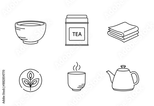 Minimalist tea icons set with line art of teapot, cup, tea leaves, and towel