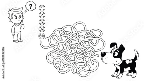 a curious boy a playful dog and a complicated maze illustration with numbers and a question mark present
