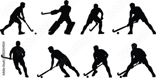 Field hockey players silhouettes set with athletes dribbling, passing and shooting ball, including goalkeeper pose, sport action collection isolated on white background.