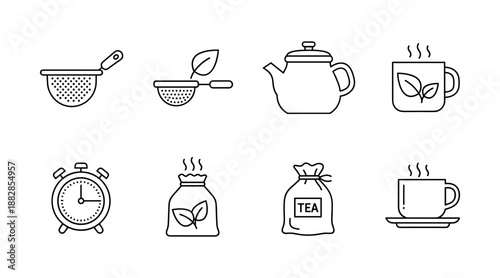 Minimalist tea icons set featuring strainers, teapots, cups and timekeeping elements