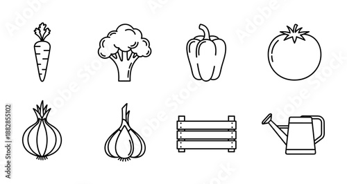 Minimalist outline icons of vegetables and gardening tools for creative projects
