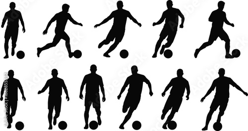 Soccer player silhouette set dribbling ball in different action poses, football sport athlete collection, black vector icons isolated on white background.